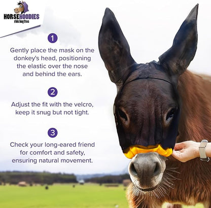 Donkey Fly Mask with Long Ears (Black) Made in USA - Mule Fly Mask with Ears Protection from Insects and Bugs, Small Donkey Soft Mesh Fabric with Adjustable Fastener, Face Cover Supplies for Donkeys