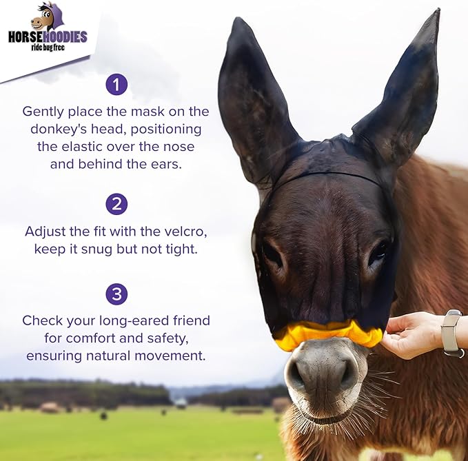 Donkey Fly Mask with Long Ears (Purple) Made in USA - Mule Fly Mask with Ears Protection from Insects and Bugs, Small Donkey Soft Mesh Fabric with Adjustable Fastener, Face Cover Supplies for Donkeys