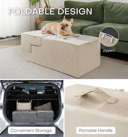 Dog Stairs for High Bed, Dog Steps for Bed Couch Sofa, 35D Foam Extra Wide Pet Steps for Small Dogs and Cats, Pet Stairs with Non-Slip Bottom Beige, 5 Steps