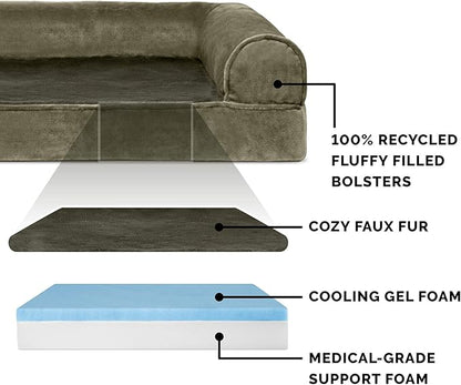 Furhaven Cooling Gel Dog Bed for Large/Medium Dogs w/ Removable Bolsters & Washable Cover, For Dogs Up to 55 lbs - Faux Fur & Velvet Sofa - Dark Sage, Large