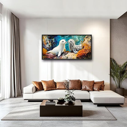 Extra Large Seal Framed Wall Art for Living Room,Oversized Underwater Animal Pictures Wall Decor,Ocean Coral Reef Canvas Print Painting Modern Artwork Bedroom Office Bathroom 60L" x 30W"