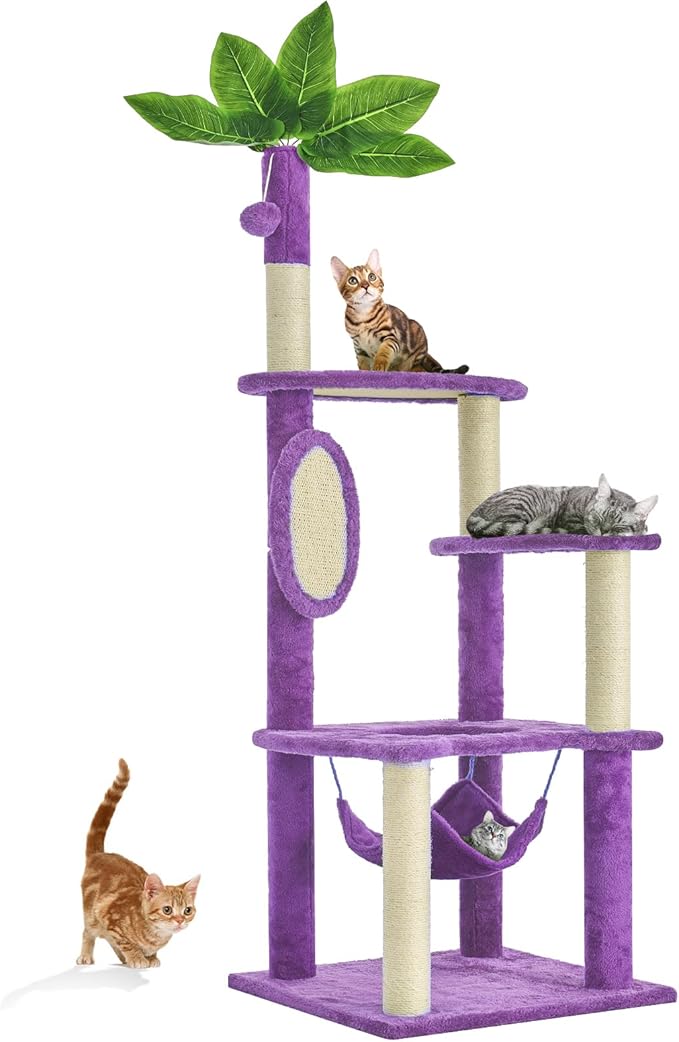 55 Inch Large Cat Tree Tower for Indoor Cats with Hammock Green Leaves Sisal Scratching Post, Plush Hang Ball Play Furniture for Kittens & Adult Cats, New Purple
