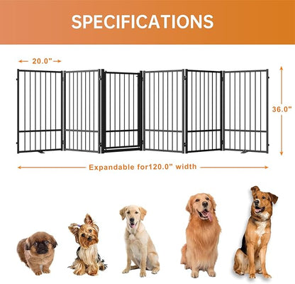 Full Metal Freestanding Dog Gate with Door, 36''Height Foldable Pet Dog Fence for Indoor & Outdoor, 6 Panels Extra Wide Free Standing TallDog Gates for Doorways,House,Stairs,Porch,Deck,Yard