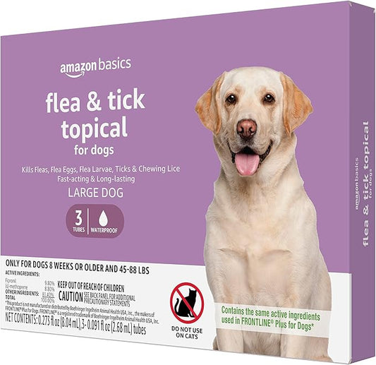 Amazon Basics Flea and Tick Topical Treatment for Large Dogs (45-88 pounds), 3 Count (Previously Solimo)