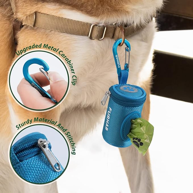 Dog Poop Bag Holder for Leash Doggie Waste Bag Dispenser Soft Fabric Puppy Potty Carrier Small Doggy Zipper Pouch with Carabiner Clip 1680D Nylon Oxford with 1 Roll of Pet Trash Bags, Sky Blue