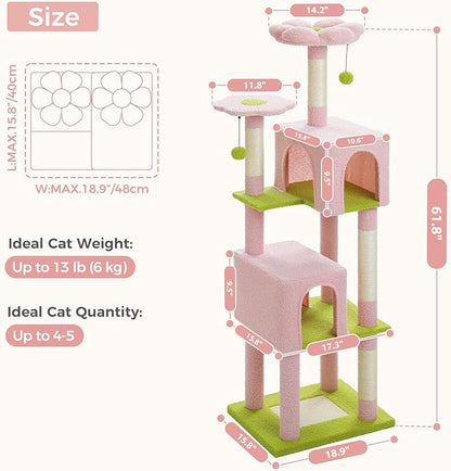 Flower Cat Tree, 62-Inch Large Cat Tower for Multi-Cat Households w/Scratching Posts, Multi-Level Cat Condo w/Cozy Top Perch & Scratching Pad, Padded Platform, 2 Pompoms, Pink