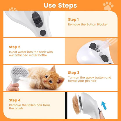 3 in 1 Cat Steam Brush for Cats & Dogs, Pet Spray Hair Removal Comb for Shedding & Grooming, Rechargeable Water Brush for Long & Short Haired Pets with Release Button(White)