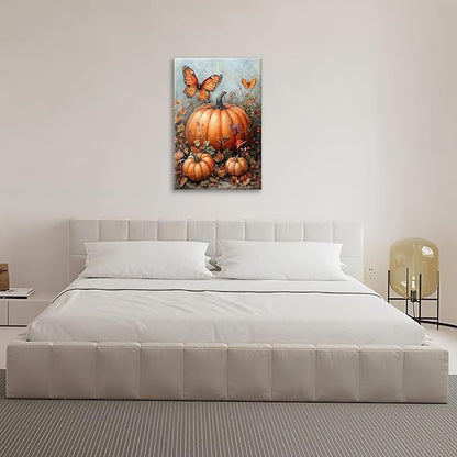 Fall Pumpkin Pictures Wall Art, Rustic Thanksgiving Bathroom Wall Decor, Farmhouse Autumn Butterfly Framed Painting Canvas Artwork for Harvest Gift Bedroom Living Room Decorations 24"L x 16"W