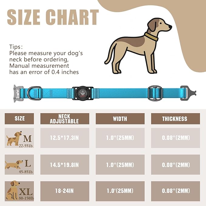 AirTag Dog Collar - Leather Dog Collar with Airtag Holder | IP68 Waterproof AirTag Holder with Metal Buckle, Comfortable GPS Dog Collars Tracker for Medium Large Dogs (Blue, L)