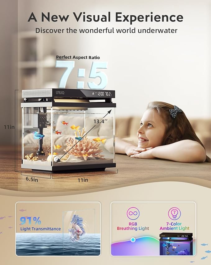 Fish Tank Smart Aquarium Kit: 2 Gallon UHD Glass Silent Water Pump Self Cleaning Multi-layer Filtration System - Temperature Sensing 7-color Lighting for Small Fish Betta Kids Room Desktop Decor Black