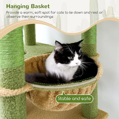 Globlazer Heavy Duty Cactus Cat Tree for Large Cats, Sturdy 72in Maine Coon Cat Tree for Large Cats 20 lbs+ Cactus Cat Tower for Adult Biggest Cats with 6 Scratching Posts, Hammock, S72, Green