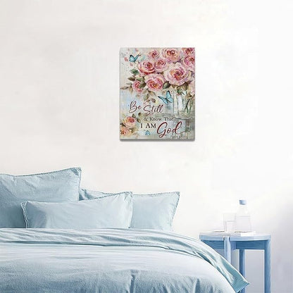 Farmhouse Rose Wall Art Christian Scripture Pictures Pink Rose Wall Decor Rustic Floral Butterfly Canvas Print Painting Artwork for Bathroom Living Room Bedroom 16"x20"