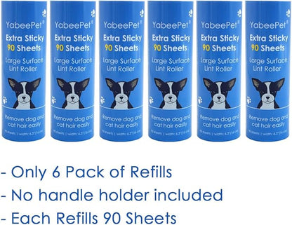 Extra Sticky Large Lint Roller Refills, 6.3'' Giant Lint Roller Refills for Pet Hair, Clothes&Furniture Cleaning, 540 Sheets in Total