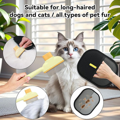 2 Pet Hair Removal Gloves, 2 Flea Combs for Cats and Dog，Reusable Electrostatic Gloves and Long & Short Flea Combs, 4 PCS pet hair removal tools