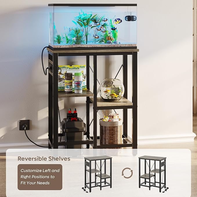 10 Gallon Fish Tank Stand with Power Outlets, 20 x10 Metal Aquarium Stand with 3-Tiers Adjustable Storage Shelves, 6-Legs Reptile Terrarium Stand, 264 LBs