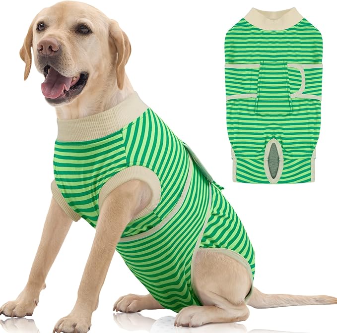 FUAMEY Dog Recovery Suit Male,Dogs Surgery Neuter Suits Puppy Spay Shirts for Female Protect Dog's Skin Anti Licking Abdominal Wounds Doggie Onesie Pet Bodysuit Alternative to Cone Green Stripes XXL
