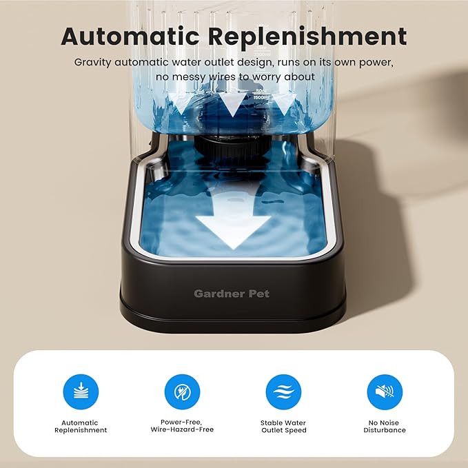 Gardner Pet Automatic Dog Water Dispenser Gravity Waterer with Stainless Steel Bowl Water Dispenser 8.5L Large Capacity Water Feeder for Dogs Cats Pets, BPA-Free Noise-Free (Black, 8.5L)