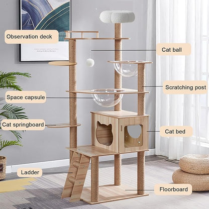 67-Inch Cat Tree for Indoor Cats Large Adult,Cat Tree Tower with Condo, Cat Stairs, 2 Bowl,14 Sisal Scratching Posts, Top Perch, with Padded Platform Bed,Toy Balls,Larg Large cat Tree.B12