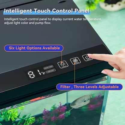 8 Gallon Aquarium Kit Featuring Real-Time Temp Display, Adjustable Flow Pump, Bottom Storage, Multi-Position Filter & 6 Light Modes - Complete Fish Tank Starter for Betta or Goldfish