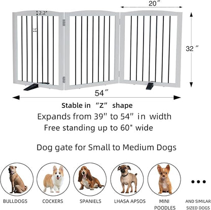 Foldable Wooden Freestanding Dog Gate - 32" H, 3 Panels, Stairs/Doorways, Support Feet Included, White
