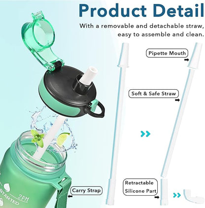 Enerbone Water Bottle, Leakproof BPA & Toxic Free, Motivational Water Bottle with Times to Drink and Straw, Fitness Sports Water Bottle with Strap for Office, Gym, Outdoor Sports