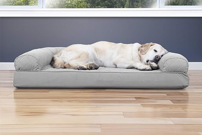 Furhaven Cooling Gel Dog Bed for Large Dogs w/ Removable Bolsters & Washable Cover, For Dogs Up to 95 lbs - Quilted Sofa - Silver Gray, Jumbo/XL