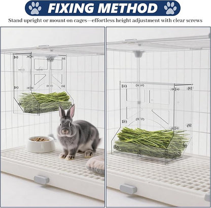 Acrylic Rabbit Hay Feeder with Lid, Transparent Hanging Food Dispenser Hay Feeder for Bunny Rabbits Guinea Pig Cage Chinchillas Hamsters Small Pets and Animals（Large