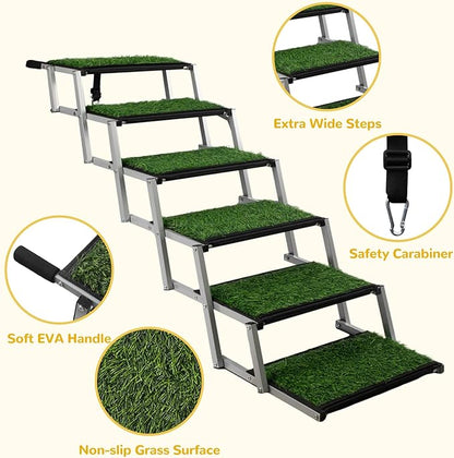 Extra Wide Dog Stairs for Car, Portable Folding Dog Ramps,Doggy Steps for Large Dogs with Non-Slip Grass Rug for Cars, SUV, Trucks, Lightweight Pet Ramp Supports Up to 200 lb, 6 Steps