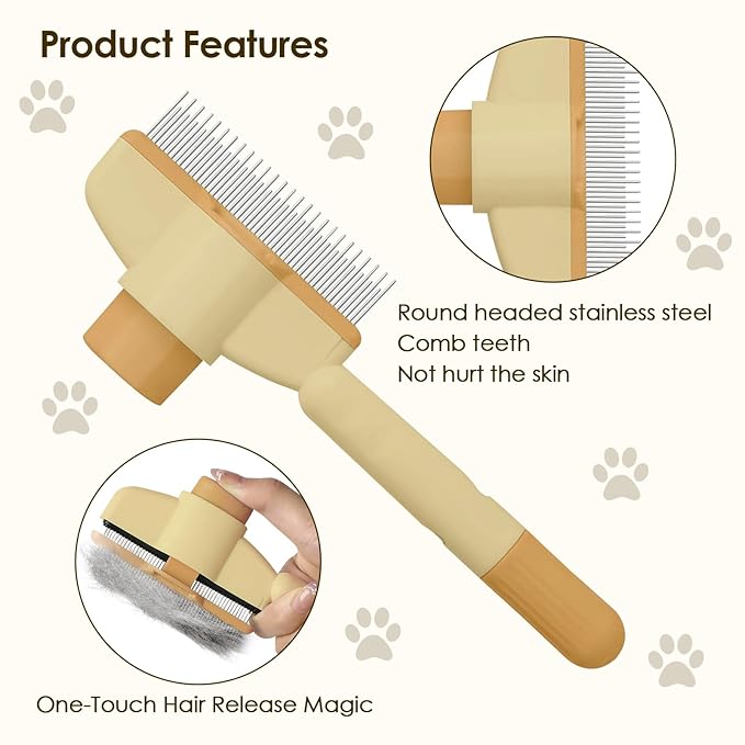 Flea Comb for Cat Hair Removal Comb, 2025 New Self-Cleaning Flea Brush for Cats and Dog, Comfort Cat Hair Removal Tool with Long & Short Stainless Steel Metal Grooming Brush(Yellow)
