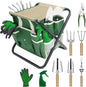 Garden Tool Set, 10 Piece Kit with Heavy Duty Folding Stool, Detachable Storage Tote Bag, Stainless Steel Tools, Gifts for Women Men Green