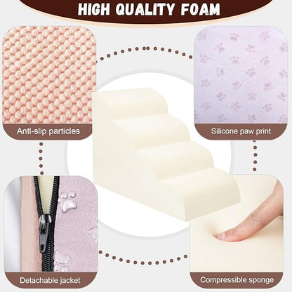 Dog Stairs for Small Dogs - High Density Foam Pet Steps, Extra Wide Dog Ramp with Non-Slip Bottom for High Beds, Couch and Sofa, Best for Dogs Injured, Older Doggy Cats,4 Stpes, Pink