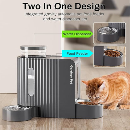 Gardner Pet Automatic Gravity Cat Food Feeder and Water Dispenser Stainless Steel Two-in-One Set Large Capacity Dispenser for Pets Dogs, Puppies, Kittens, Rabbits