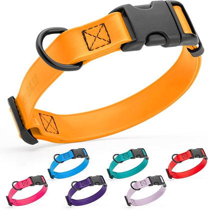 Dogline Biothane Waterproof Dog Collar with Quick Release Buckle Strong Coated Nylon Webbing with Odor- Proof for Easy Care Easy to Clean Fits Small Medium Large Dogs, Tangerine Orange 5/8" W 9-14" L