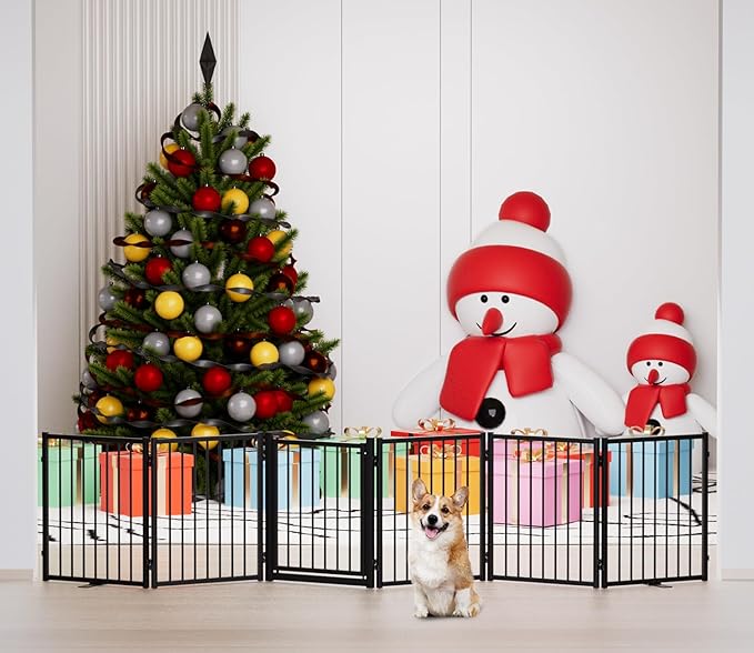 Full Metal Freestanding Dog Gate with Door, 24'' Height Foldable Pet Dog Fence for Indoor & Outdoor, 6 Panels Extra Wide Free Standing SmallDog Gates for Doorways,House,Stairs,Porch,Deck,Yard