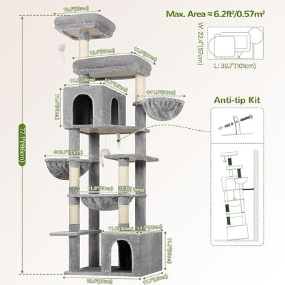 Globlazer Tall Cat Tower, 76 inch Multiple Level Cat Climbers for Indoor Cats, XL Cat Tree with 5 Scratching Posts, 2 Cat Condos, Hammock, 2 Hanging Baskets, F76B, Light Grey