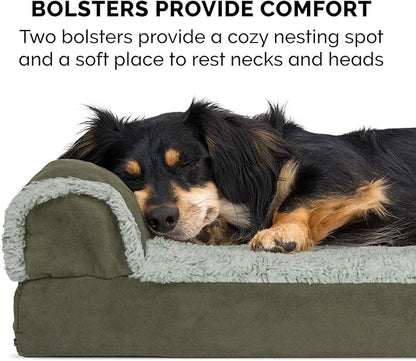 Furhaven Cooling Gel Dog Bed for Large/Medium Dogs w/ Removable Bolsters & Washable Cover, For Dogs Up to 55 lbs - Two-Tone Plush Faux Fur & Suede L Shaped Chaise - Dark Sage, Large