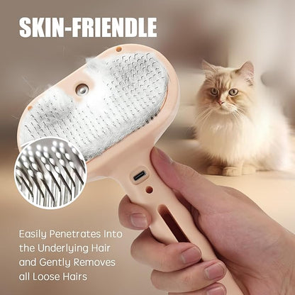 3-in-1 Pet Steam Brush, Grooming Comb with Water Tank for Cats and Dogs, Long and Short Hair (Pink)