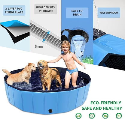 Foldable Dog Pool, 32" x 8" Kiddie Pool with Hard Plastic, Non-Slip Dog Bath Tub for Outdoor Backyard, Collapsible Dog Swimming Pool for Kids Dogs Pets (Blue)