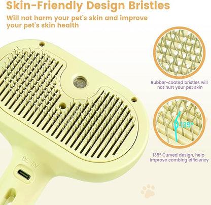 3 in 1 Cat Steam Brush, Pet Spray Hair Removal Comb for Shedding & Grooming, Water Brush for Cats Dogs Small Animals Long Short Haired with One-Click Release Button(Yellow)