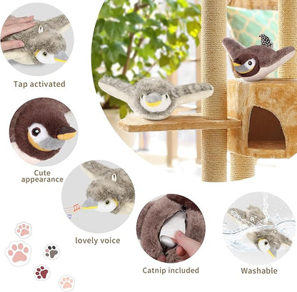 2 PCS Cat Toys, Flapping Bird Cat Toy(No Flying), Interactive Catnip Toy with Catnip Bags, Chirping Noise Moving Wings Dog Cat Kitten Toys, Flappy Flying Pets Toy for Indoor(Brown&Gray Sparrow)