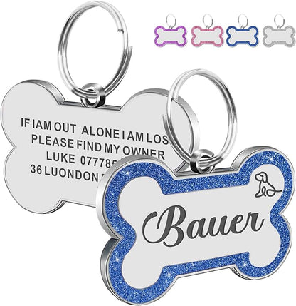 Dog Tags Personalized for Pets Dog Name Tags Personalized Dog Tag Engraved with Any Name & Text Custom Dog ID Tags Glitter Bone ID Tag for Puppy Cat (Blue L, Bone)