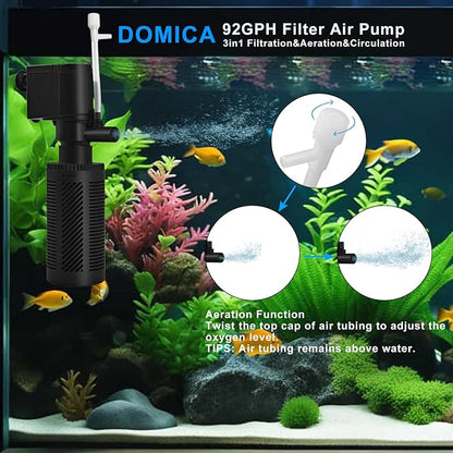 DOMICA Small Aquarium Filter with Aeration System 92GPH 5W Internal Filter for 3 to 10 Gallons Fish Tank, Submersible Fish Tank Filter with 4-pack Pre-filter Sponge