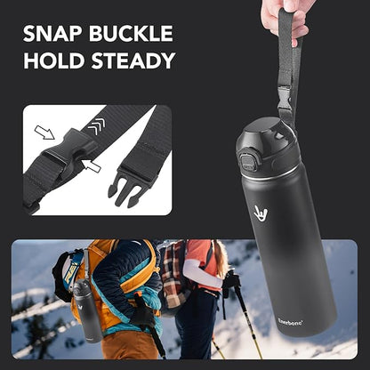 Enerbone 24 oz Insulated Water Bottle, Stainless Steel Bottle with Carrying Strap, Double-Wall Vacuum Insulation Design, Leakproof Sports Bottle with Straw, Keep Drinks Cold or Hot for Hours