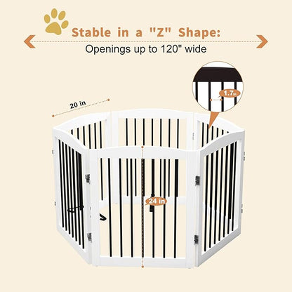 Freestanding Pet Gate for Dogs, Foldable Wooden Dog Gate for House, Extra Wide Indoor Pet Barrier for Stair, Doorway, Hall, Support Feet Included, 120 Inch Wide, 6 Panels 24", White