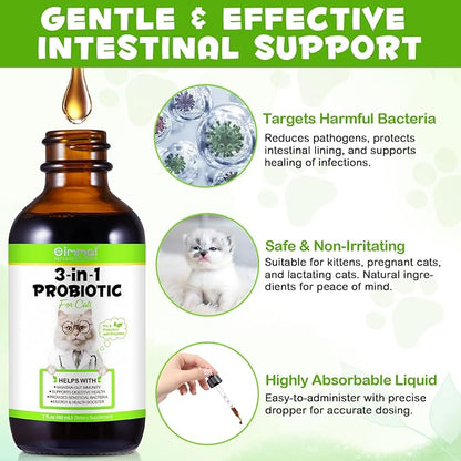3 in 1 Probiotics for Cats, Cat Digestive Support,Daily Digestive Health Supplement with Multiple Strains of Bacteria Help with Diarrhea,Gas and Bloating, Cat Herbal Supplements- 60ml