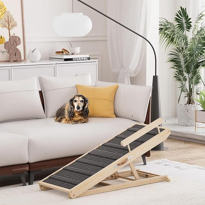 Dog Ramp for Bed, Couch, Car, Folding Pet Ramps 44.48" Long Adjustable 15"-22" Wooden Stairs with High Traction Mat & Safety Side Rails for Small & Medium Old Dogs & Cats, up to 200 lbs