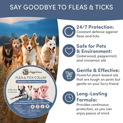 Flea and Tick Collar for Dogs, Cats – Natural Essential Oils – Long-Lasting 8 Month Protection – Waterproof, Adjustable – Safe for Puppies, Kittens, Sensitive Skin