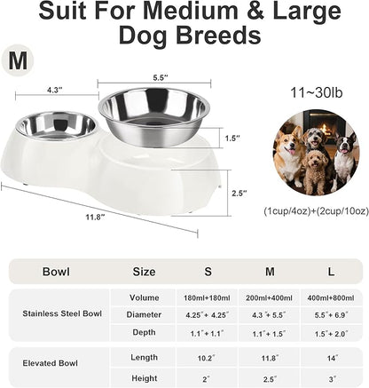 Double Dog Bowls Set – Non-Slip Pet Food & Water Dishes with Resin Stand, Includes Small (1 Cup) & Medium (2 Cups) Bowls – Ideal for Puppies, Cats, and Medium Dogs – White