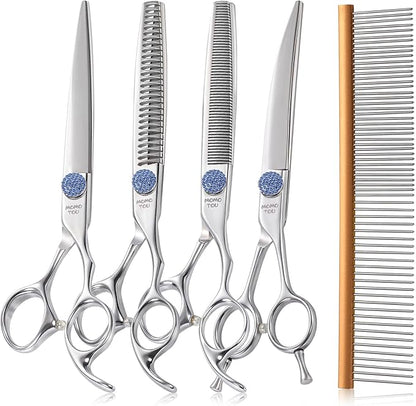 7.5'' Dog Grooming Scissors Set with Blue Diamond Adjustable Screws CNC 440C Stainless Steel Thinner Chunker Straight Curved Shears with Comb Sharp and Durable