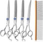 7'' Dog Grooming Scissors Set with Blue Diamond Adjustable Screws CNC 440C Stainless Steel Thinner Chunker Straight Curved Shears with Comb Sharp and Durable